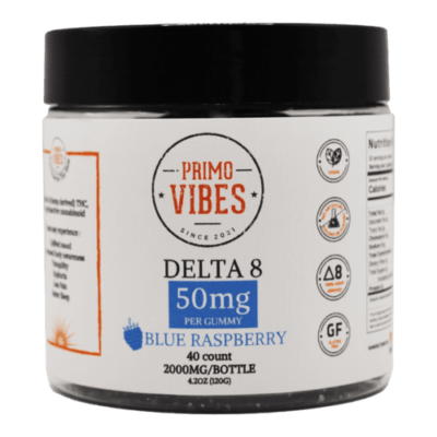 Delta 8 50mg Blue Raspberry Gummies Primo Vibes